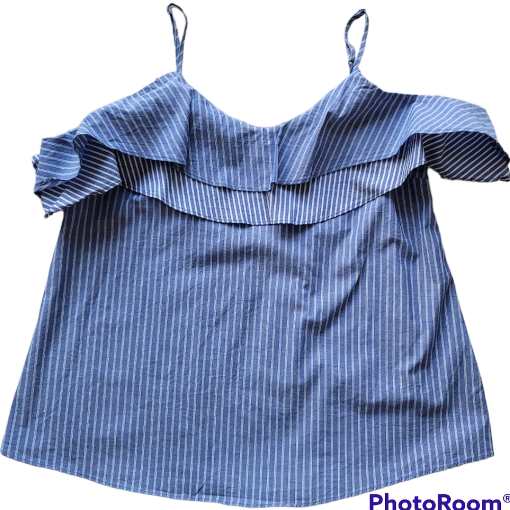 Cold Shoulder Ruffled Blouse, chambray blue pin stripes
